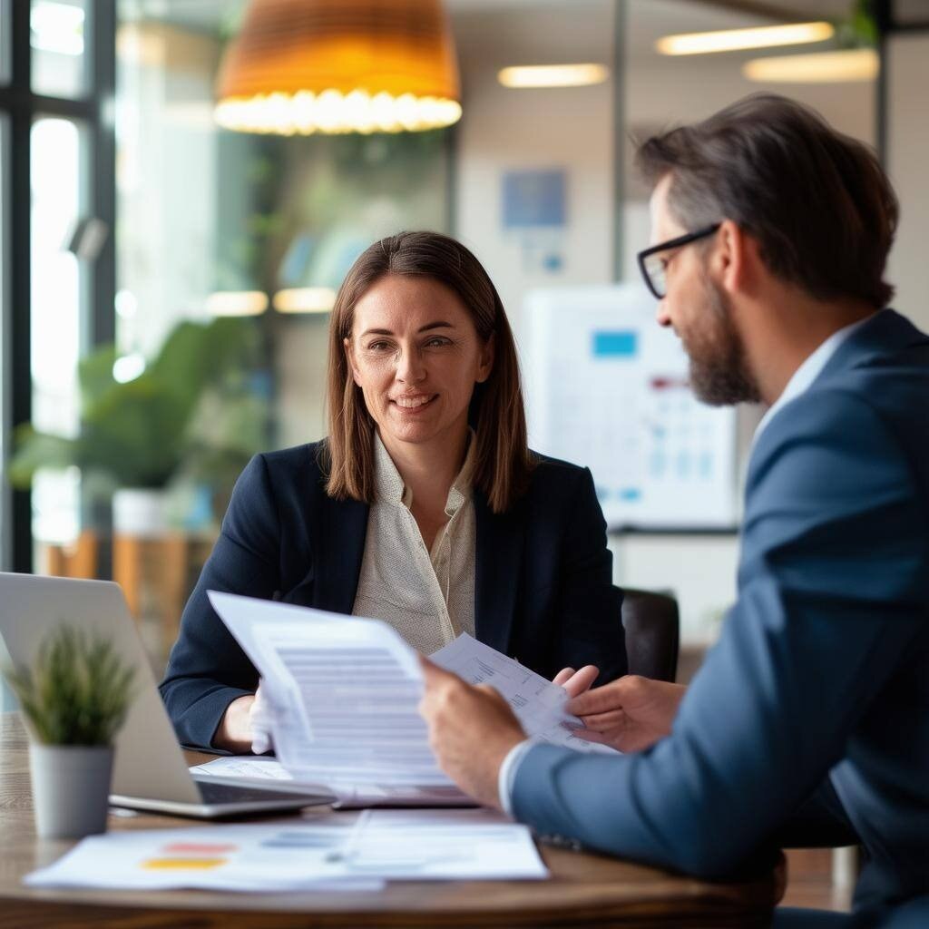An insurance agent sitting down with a small business owner discussing insurance policies-1